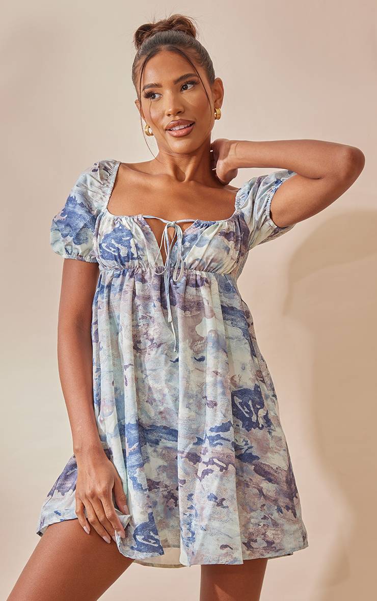 Gris Robe Droite À Imprimé Abstrait Avec Buste Froncé En Tissu Tissé