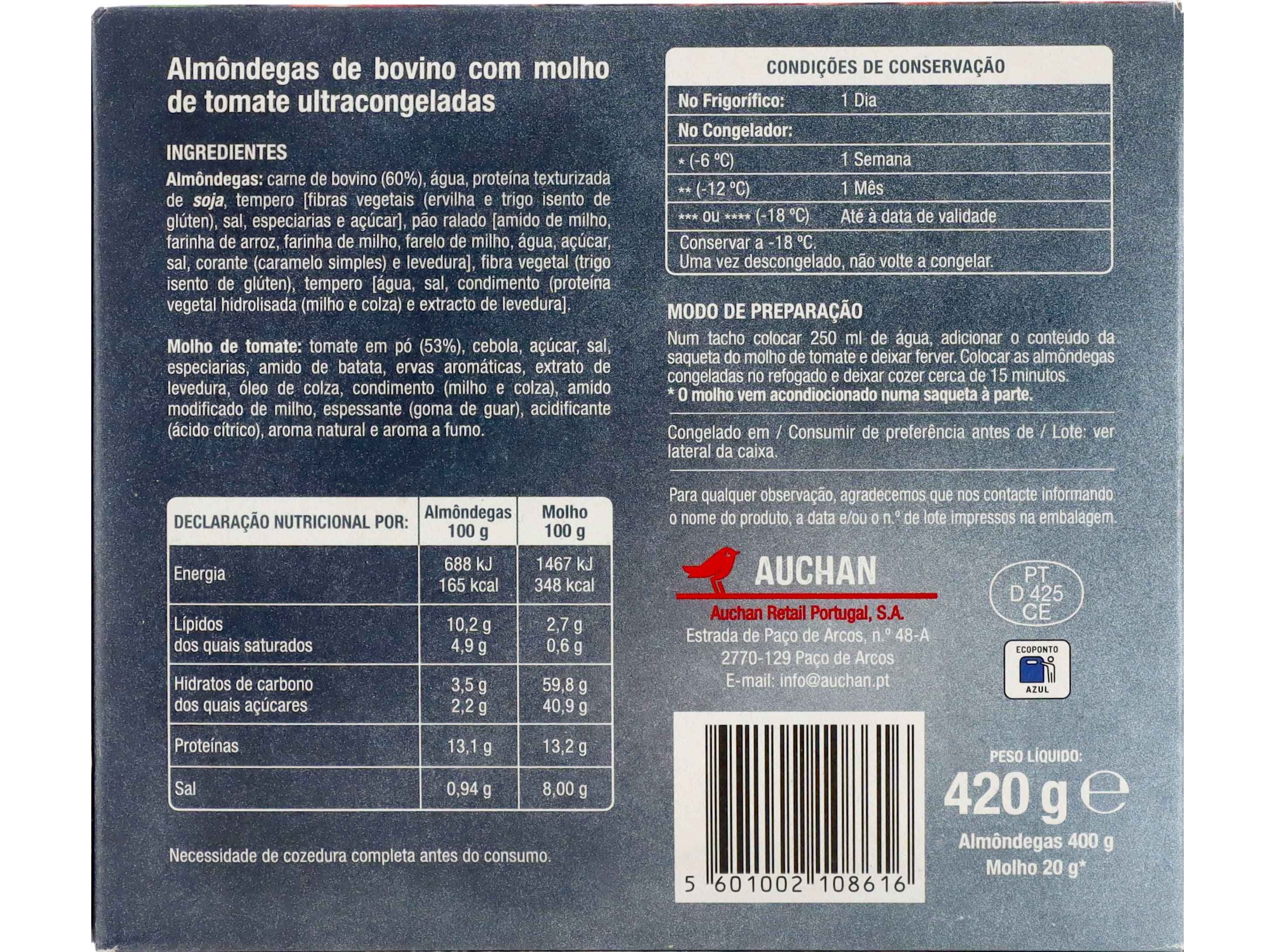 ALMÔNDEGAS AUCHAN 60% BOVINO COM MOLHO TOMATE 420G
