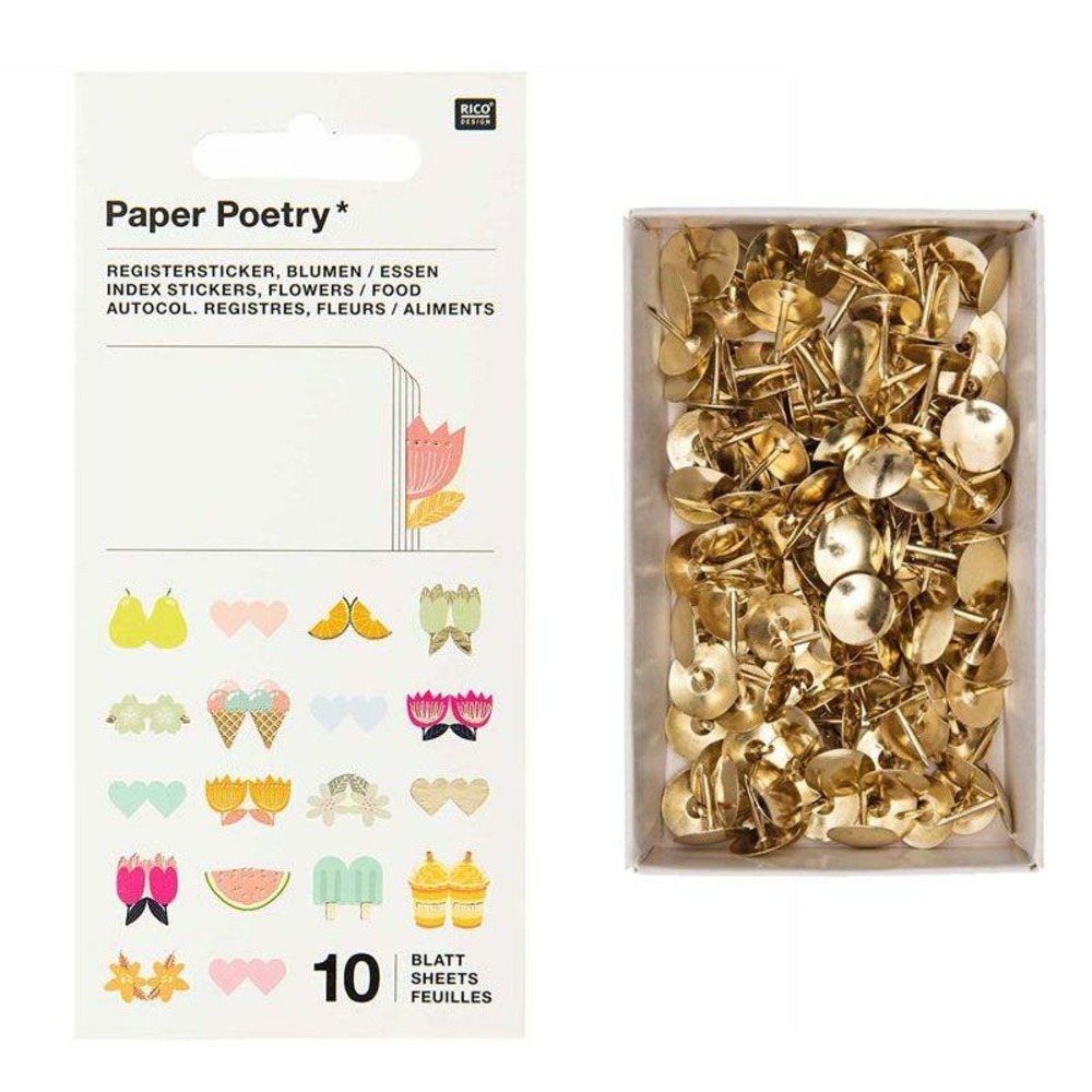 10 feuilles d'autocollants registre fleurs + 150 punaises dorées