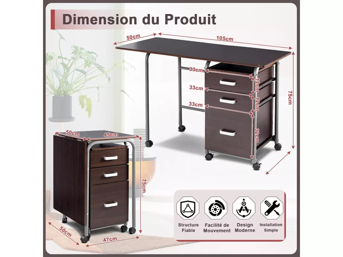 Bureau Pliable avec 3 Tiroirs, Table d'Écriture Roues Verrouillables, Bureau à Domicile Roulant avec Cadre en Métal, Bureau Compact pour Dortoir, Appartement (Marron)