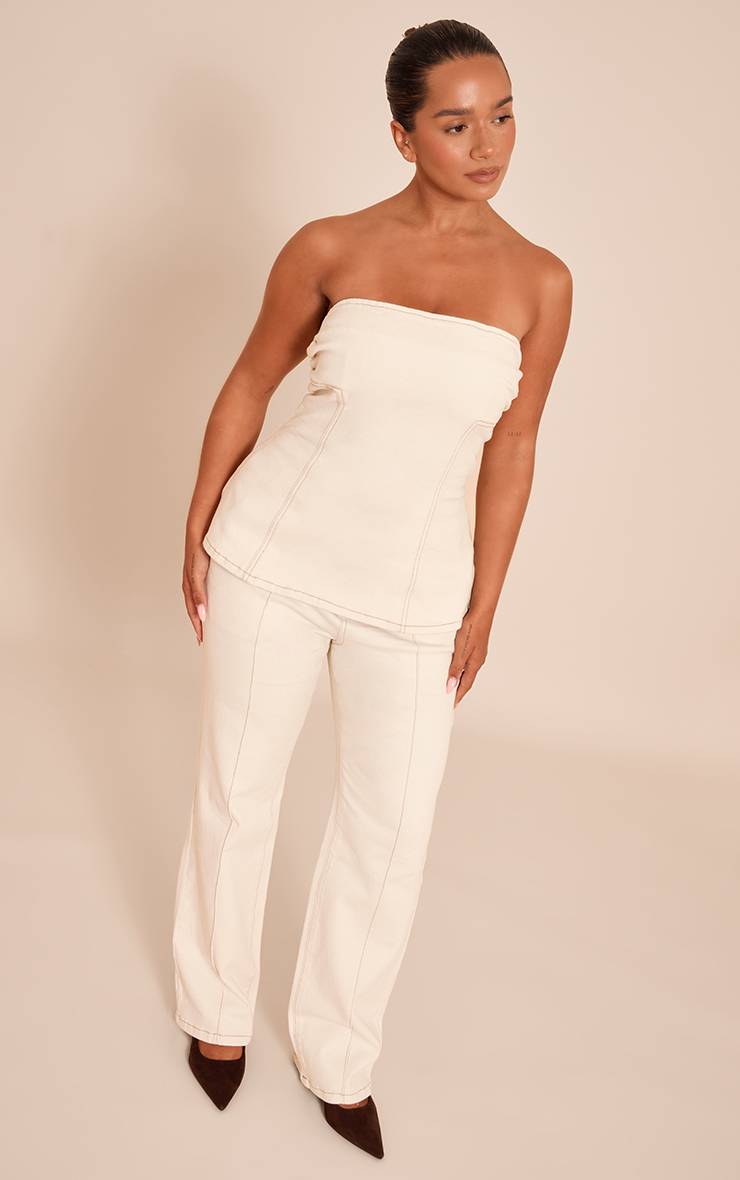 Ecru Top Peplum En Denim Stretch Froncé À La Poitrine Shape