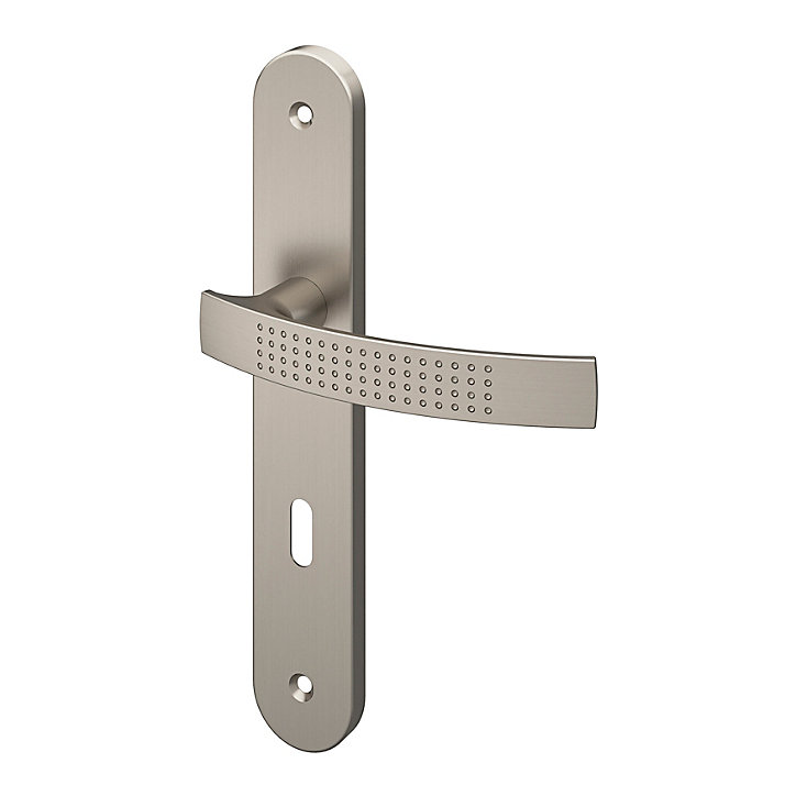 Ensemble poignée sur plaque rond serrure GoodHome Diss effet nickel satin gris L.139mm x l.40mm entraxe 195mm