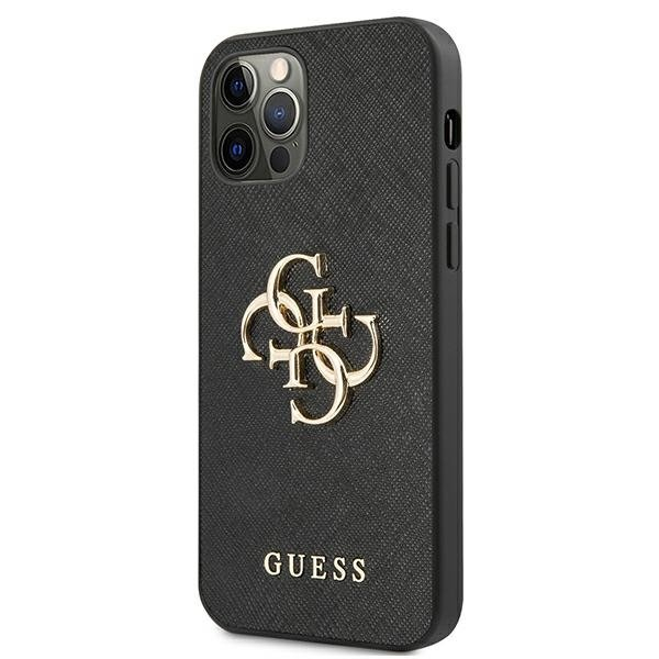 iPhone 12 / iPhone 12 Pro Leder Saffiano Hardcase Hülle Metall Logo (GUHCP12MSA4GGBK) - Schwarz / Gold
