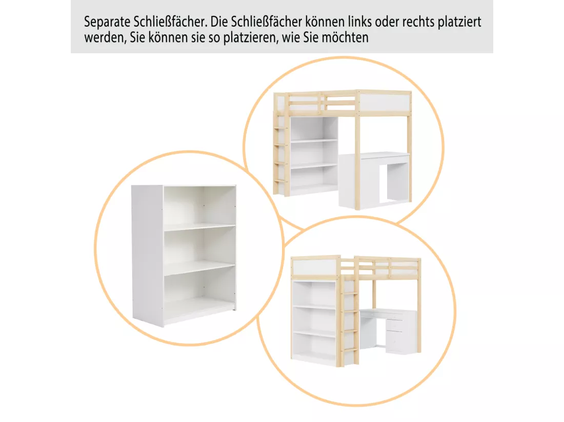 Lit mezzanine 90 x 200 cm avec armoires de rangement et table d'ordinateur, lit mezzanine enfant multifonctionnel en bois naturel