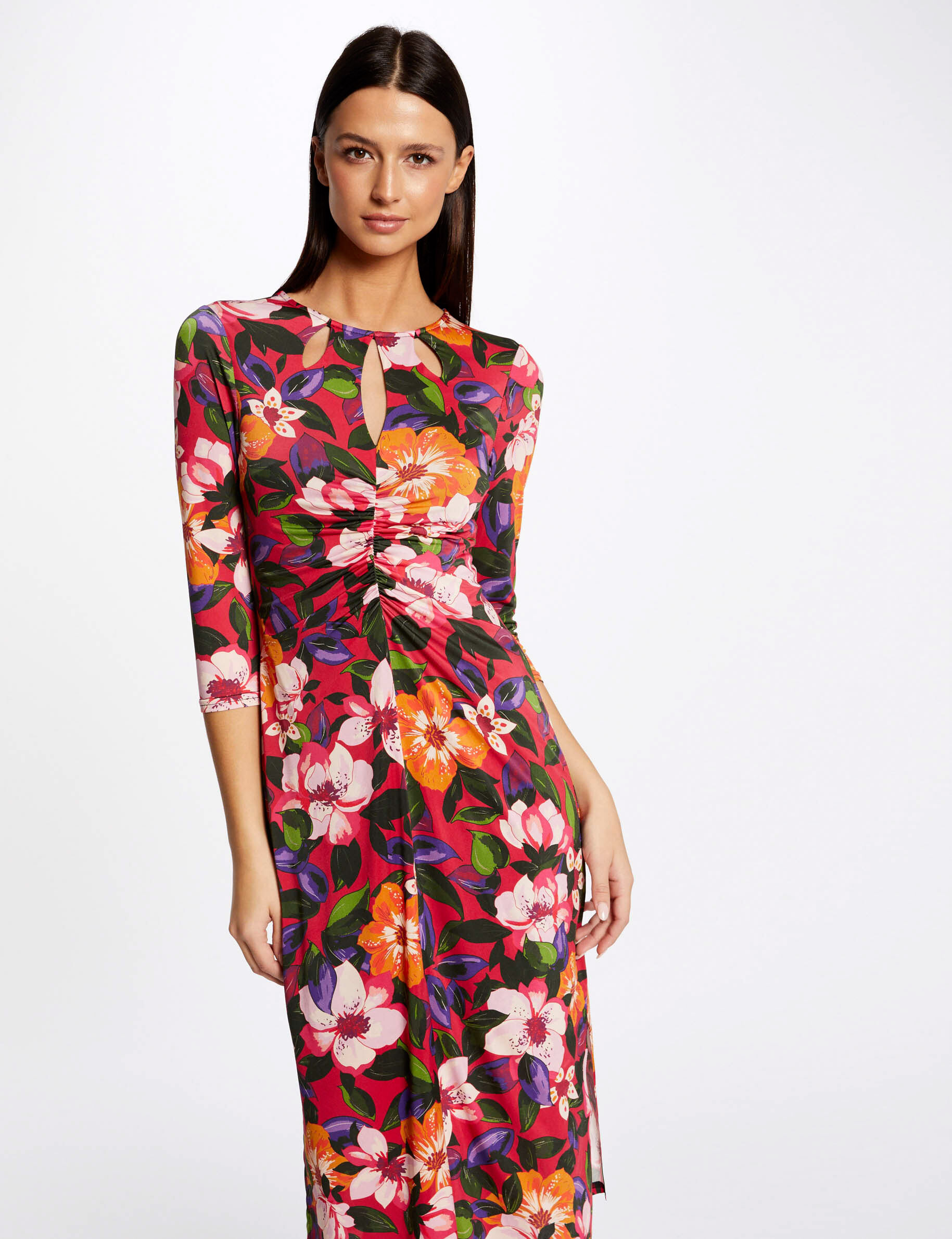 Robe midi ajustée froncée imprimé floral multico femme - multico