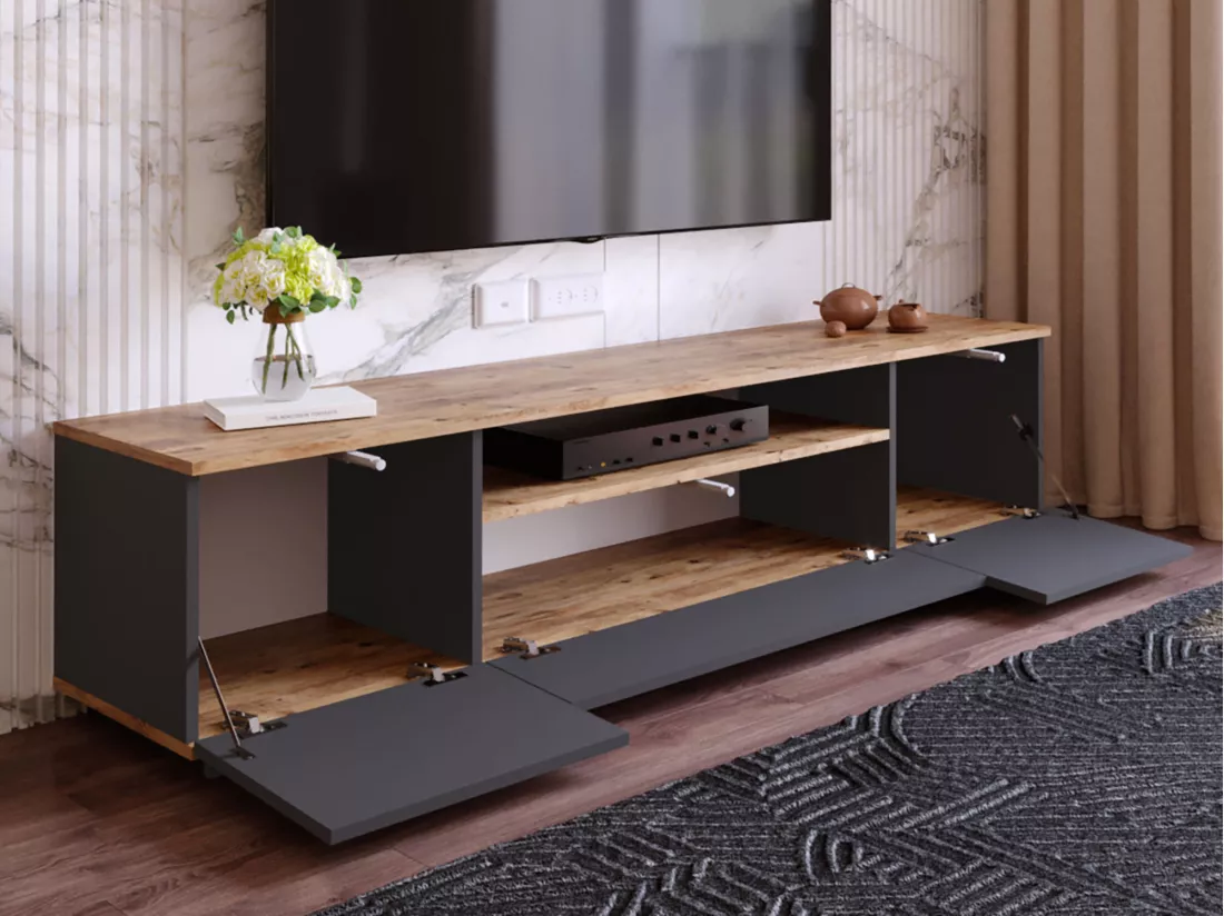 Meuble TV avec 3 portes et 1 niche - Anthracite et naturel - LOTULA