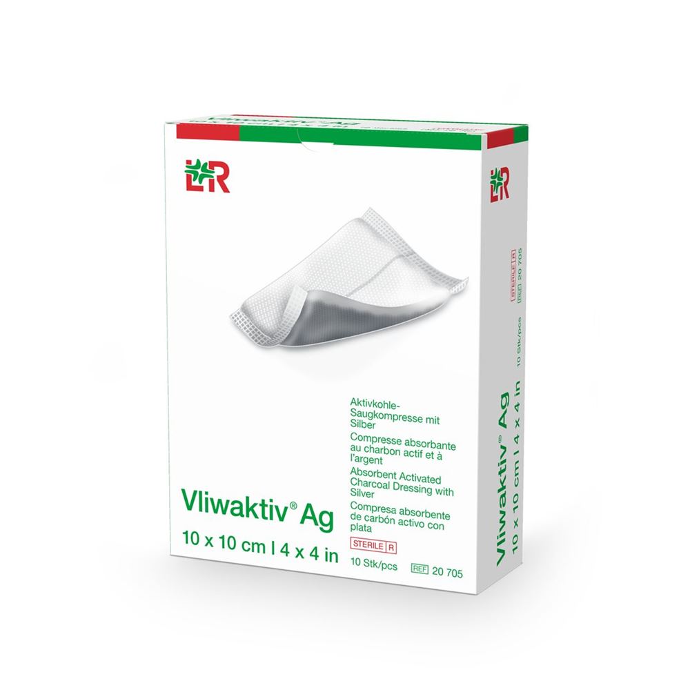 VLIWAKTIV Ag Aktivkohle Verband<br>10 Stück, 10x10cm, steril