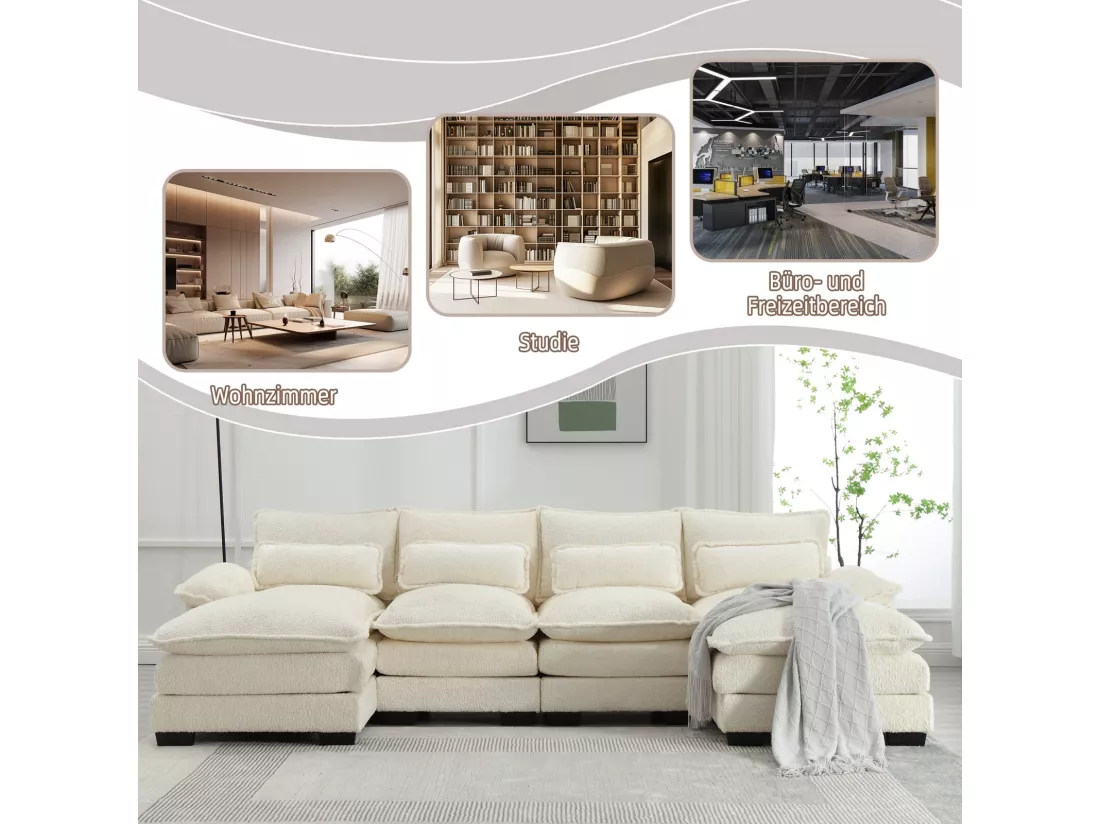 Grand canapé 4 places panoramique, forme de U, avec 4 oreillers lombaires, 261x134x82cm, Beige