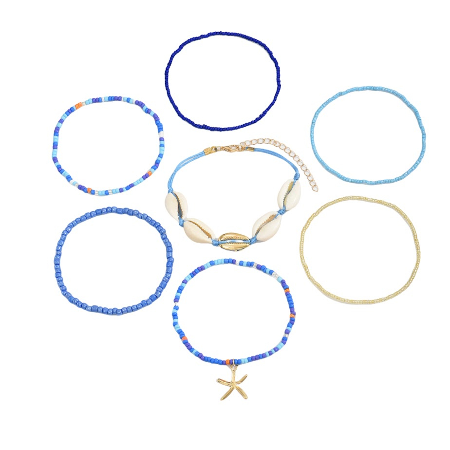 (7er Set) 155-210mm Perlen Armband Muschel Modeschmuck Sommer Boho Armkette mit Seestern Anhänger - Blau / Gold
