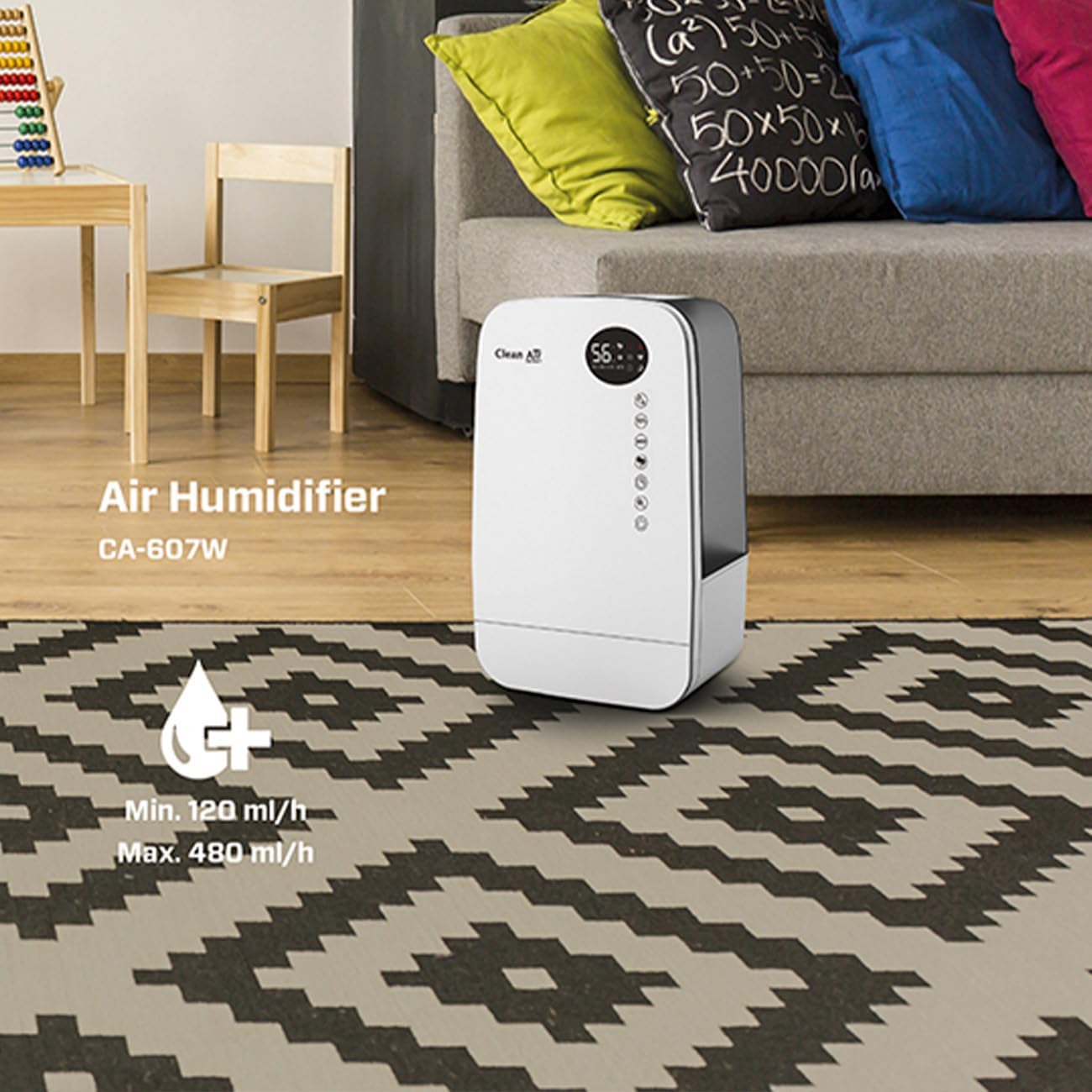 Luftbefeuchter mit Ionisator und Aromatherapie - Clean Air Optima CA-607W Smart - Befeuchtungsleistung max. 480 ml/h - Wassertankinhalt 5,5 Liter - Geeignet für Räume bis 65m²/160 m³