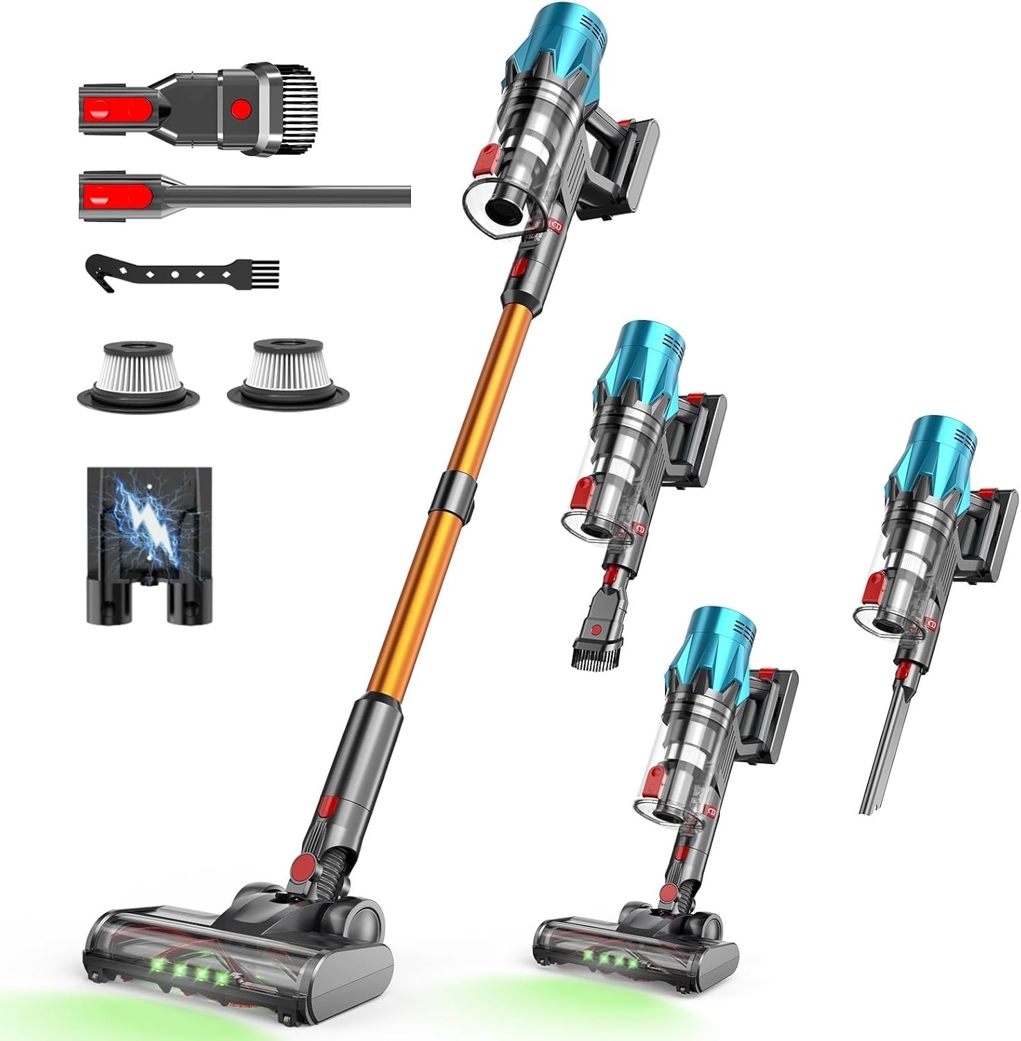 Ultra-starker Akku-Staubsauger mit automatischer Stauberkennung/Bis zu 40 Minuten Laufzeit/Beutelloser Staubsauger für Teppiche, Hartböden & Tierhaare Blau -550W