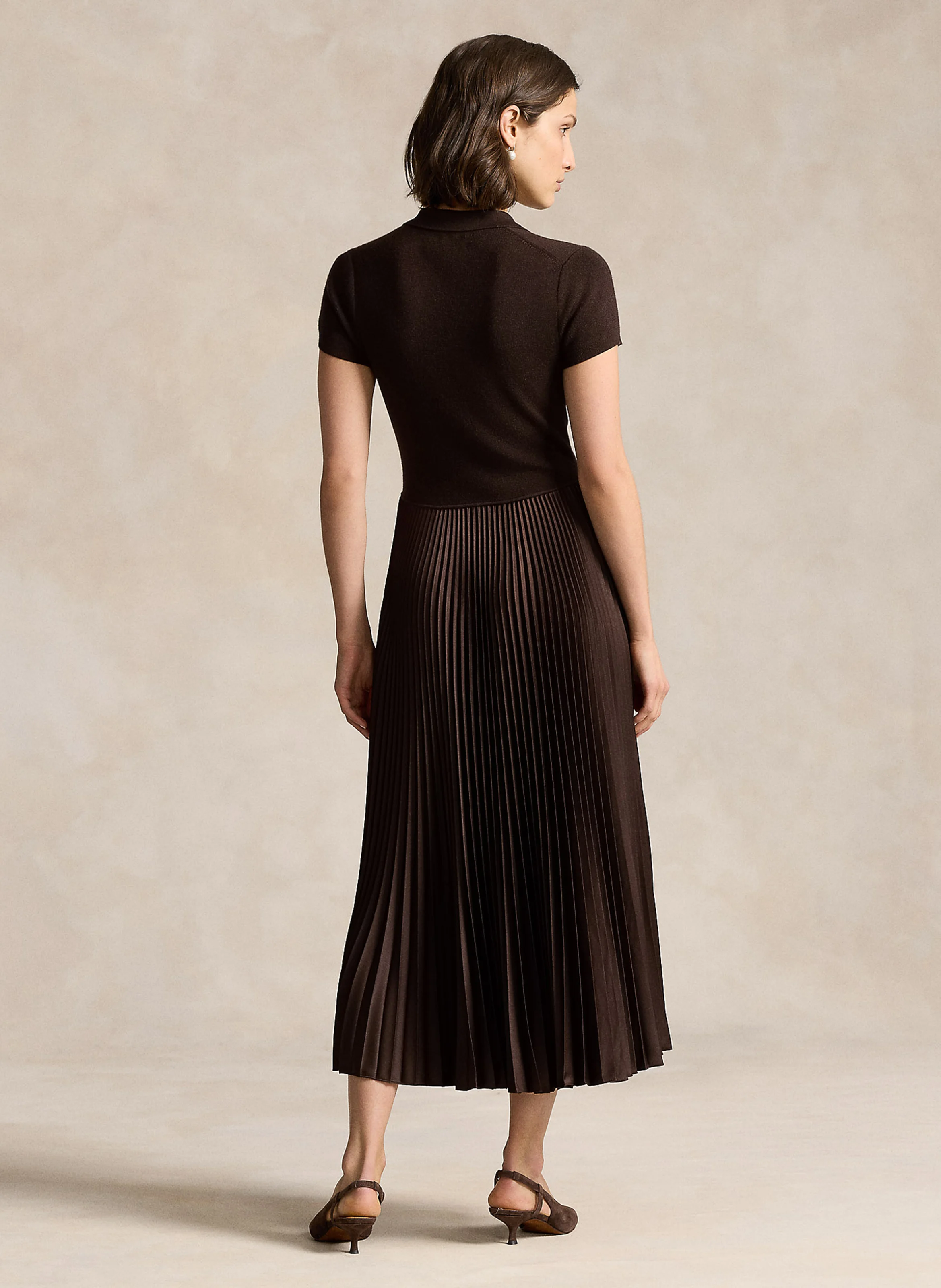 Robe longue col polo en laine soie et cachemire mélangé | Marron