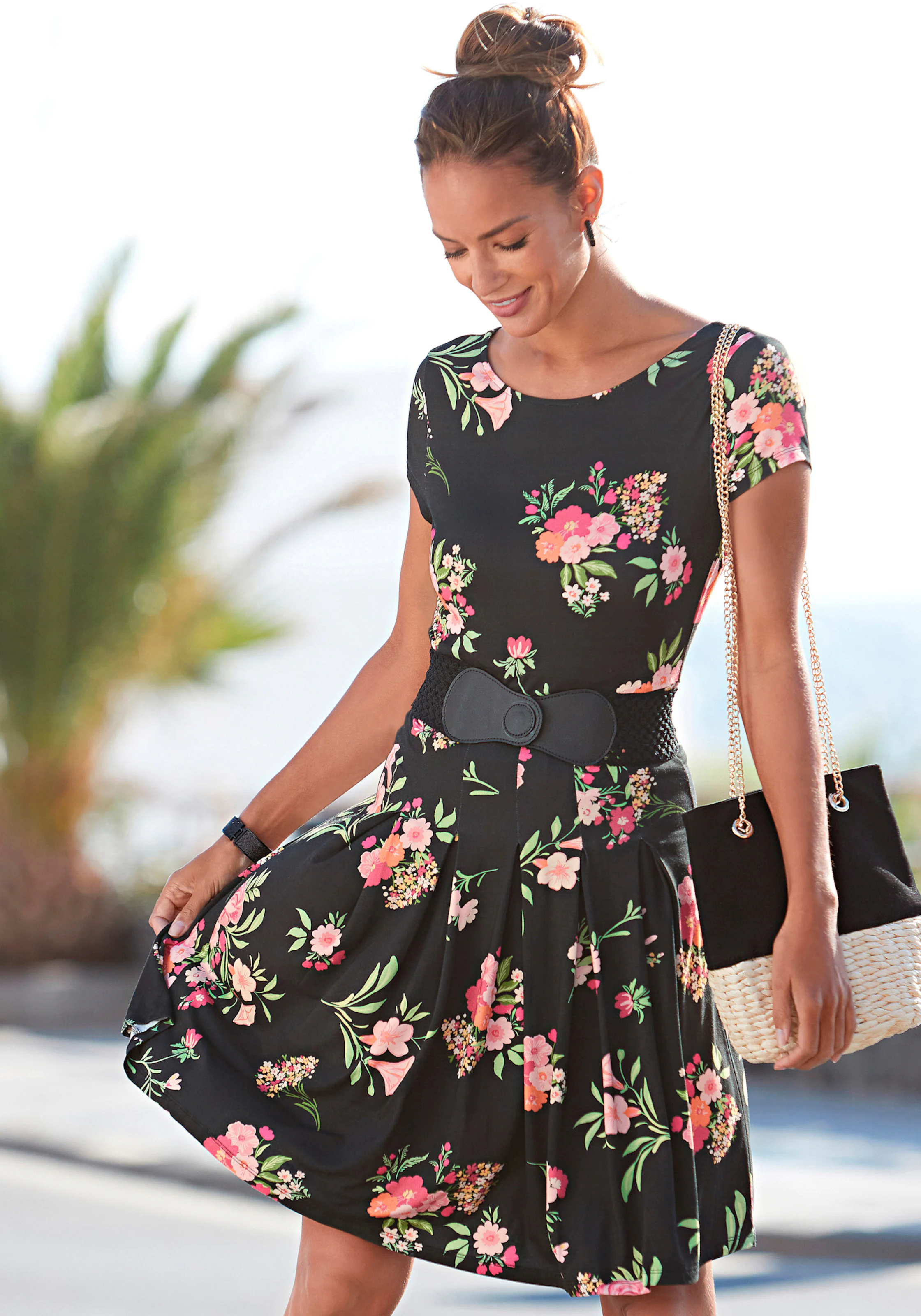 Vivance Druckkleid in schwarz-pink-bedruckt