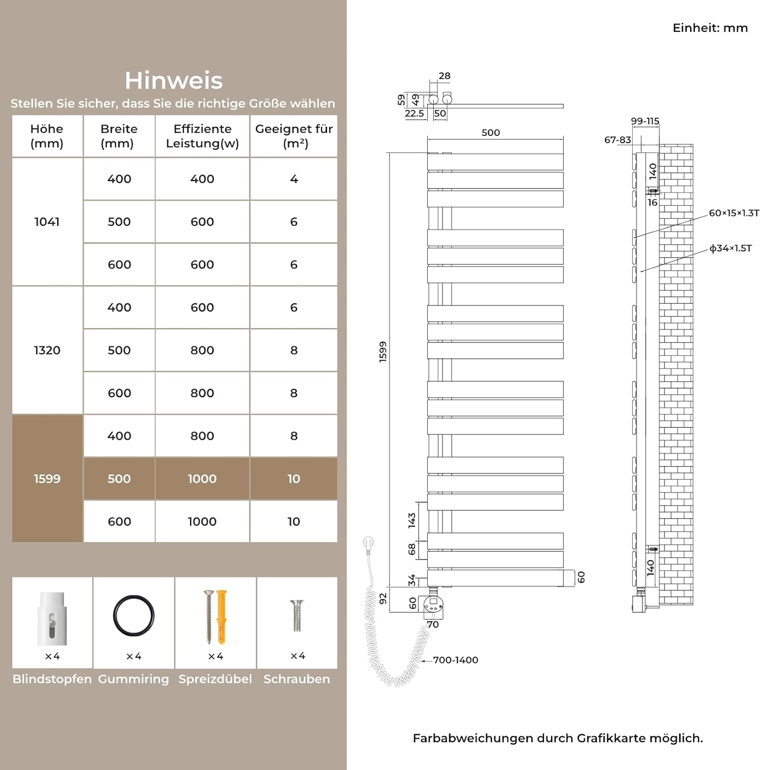 S'AFIELINA Elektrischer Badheizkörper mit Thermostat 1599x500mm Handtuchheizkörper Elektrisch Handtuchwärmer Badheizkörper Paneel Seitenanschluss 1000 Watt (Weiß)