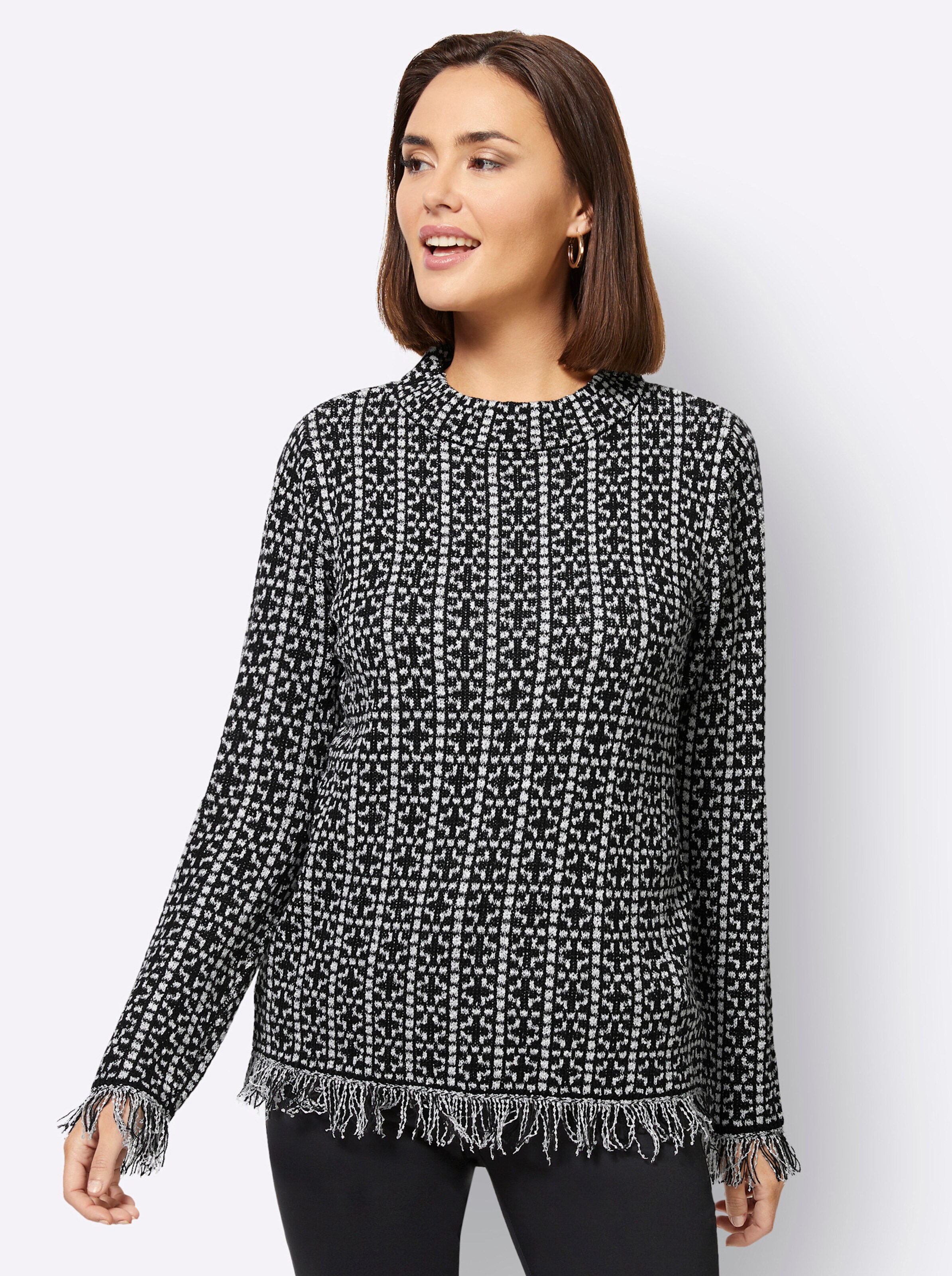 Bouclé-Pullover in schwarz-ecru-gemustert
