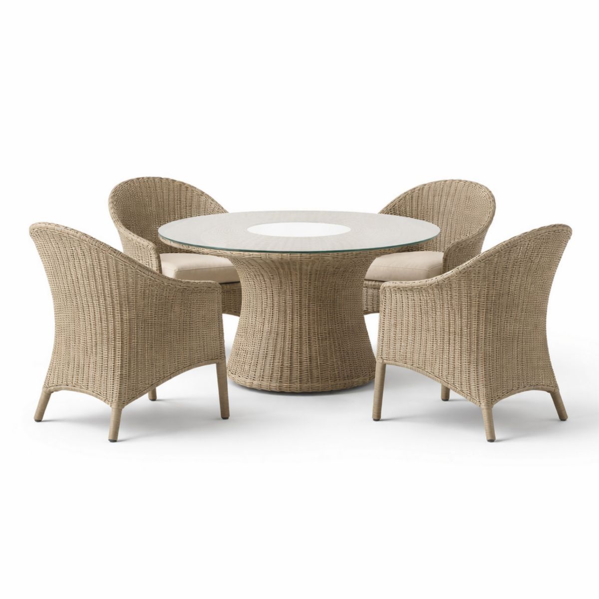 Runder Tischset aus Glas und Polyrattan mit 4 Stühlen