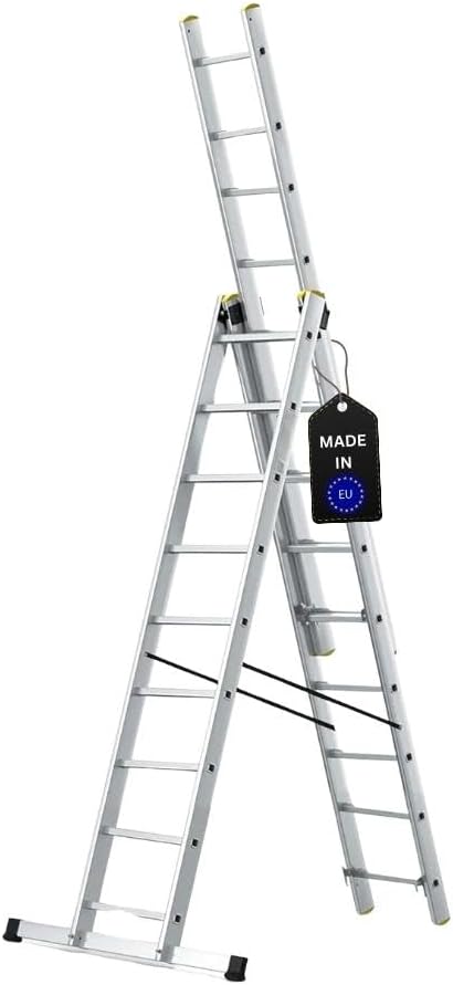 PROREGAL Economy Plus 3-delige multifunctionele ladder met dwarsbalk, 3 x 9 sporten, werkhoogte 5,84 m, draagvermogen 150 kg