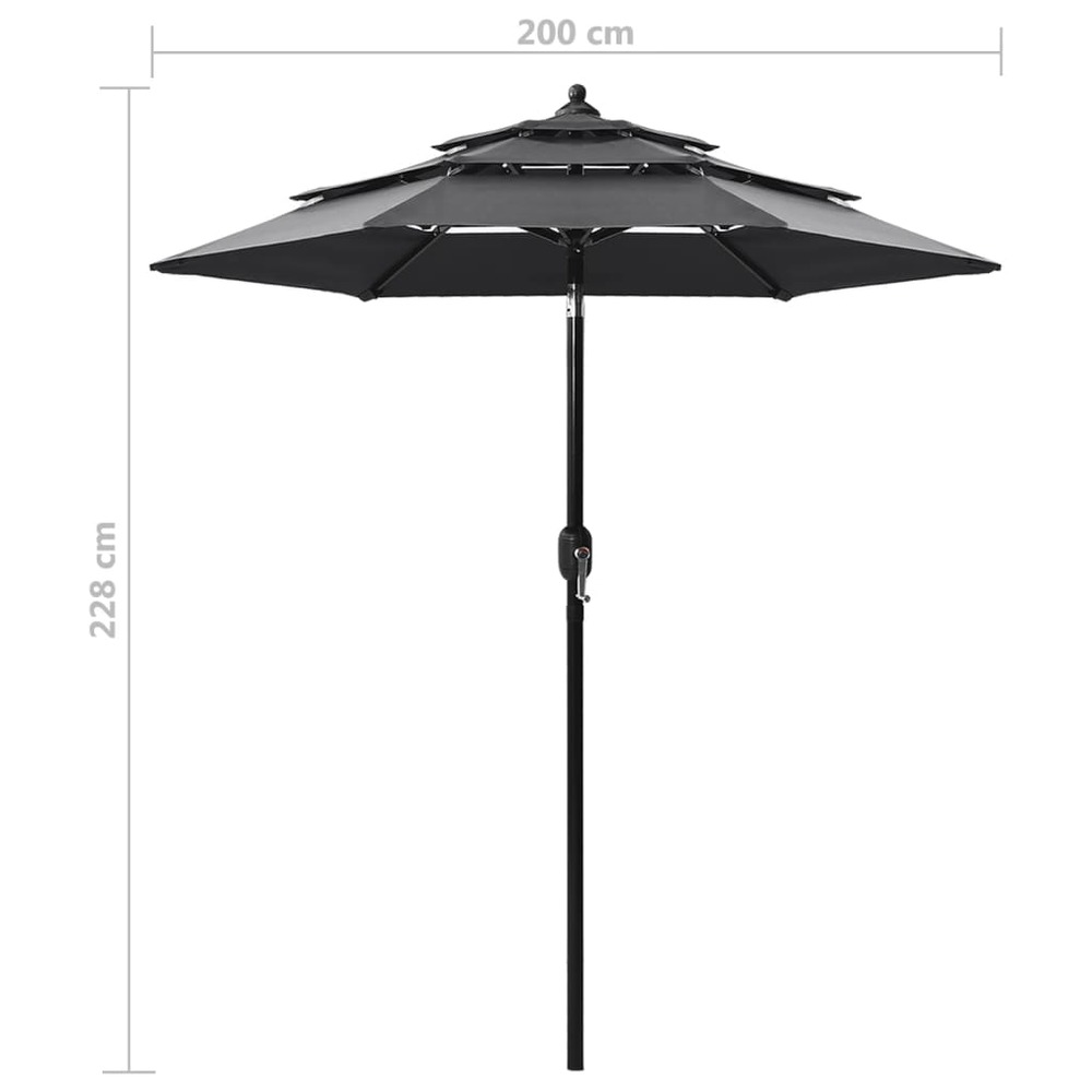 Parasol à 3 niveaux avec mât en aluminium 2 m anthracite