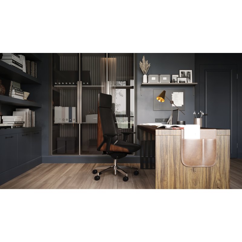 Chaise de bureau ergonomique Moon Wood Simili cuir, avec appui-tête, accoudoirs 3D, mécanisme synchrone + réglage profondeur d'assise, pieds chromé