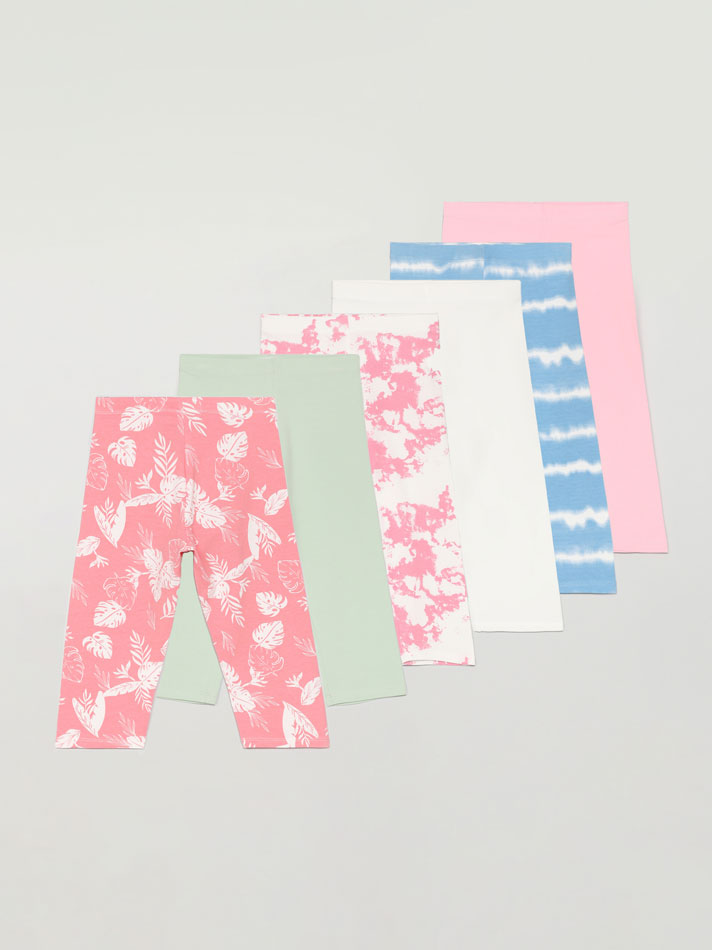 Pacote com 6 leggings capri lisas e estampadas - Rosa
