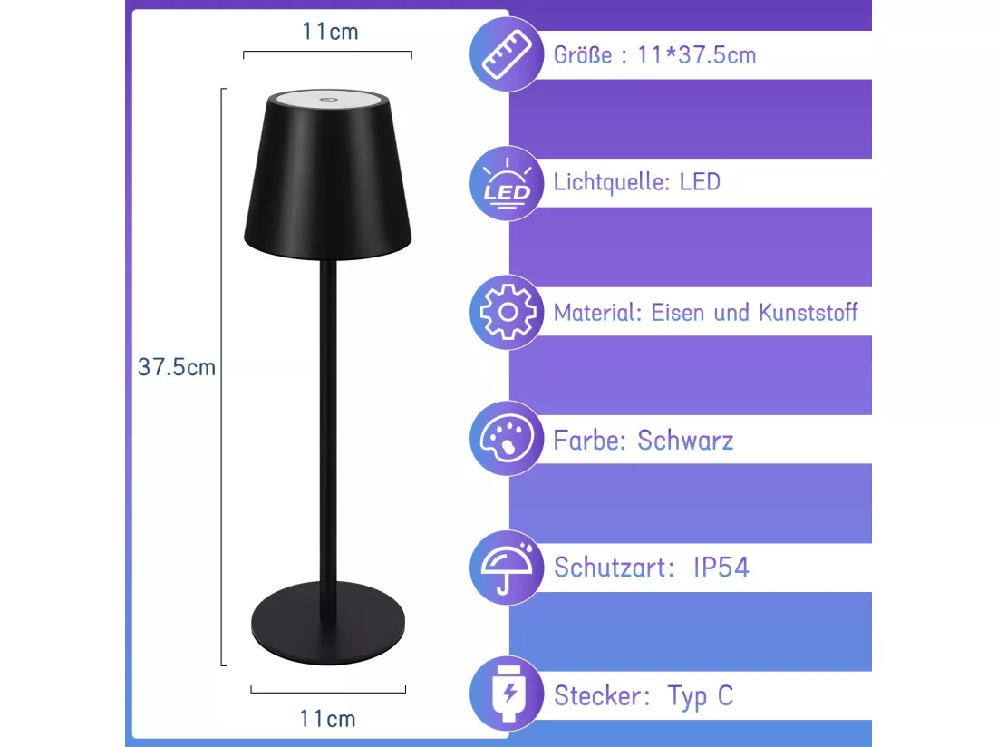 NETTLIFE Lampe de Chevet à Batterie sans Fil， Lot de 2 - LED RGB 2600mhA Lampe de Table d'extérieur Rechargeable Tactile Dimmable Noir USB