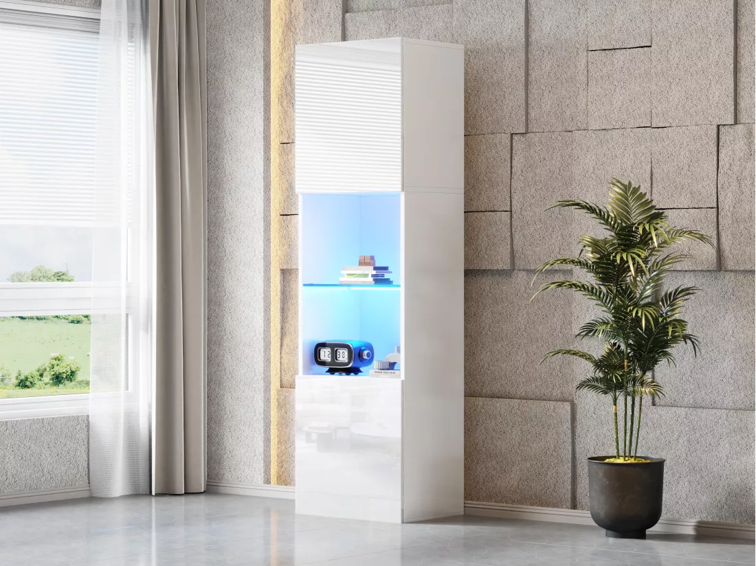 Vitrine 45x35x160cm - avec 2 ports - avec éclairage LED - 1 étagère en verre - blanc