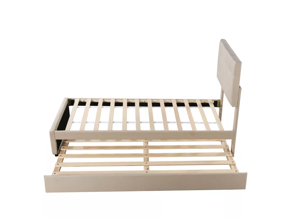 Lit gigogne 90 x 190/200 cm - tête de lit réglable - tissu lin - pour enfants - beige