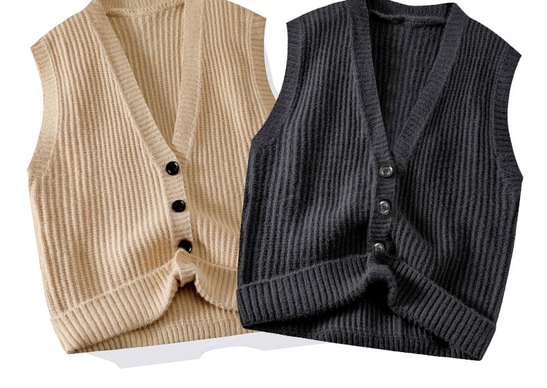 Soulcity - V-hals geribbeld vest met knoopjes en effen patroon