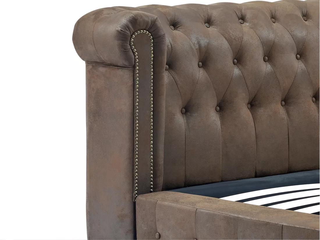 Lit chesterfield 160 x 200 cm - Tissu effet cuir vieilli - Marron - TONGERLA