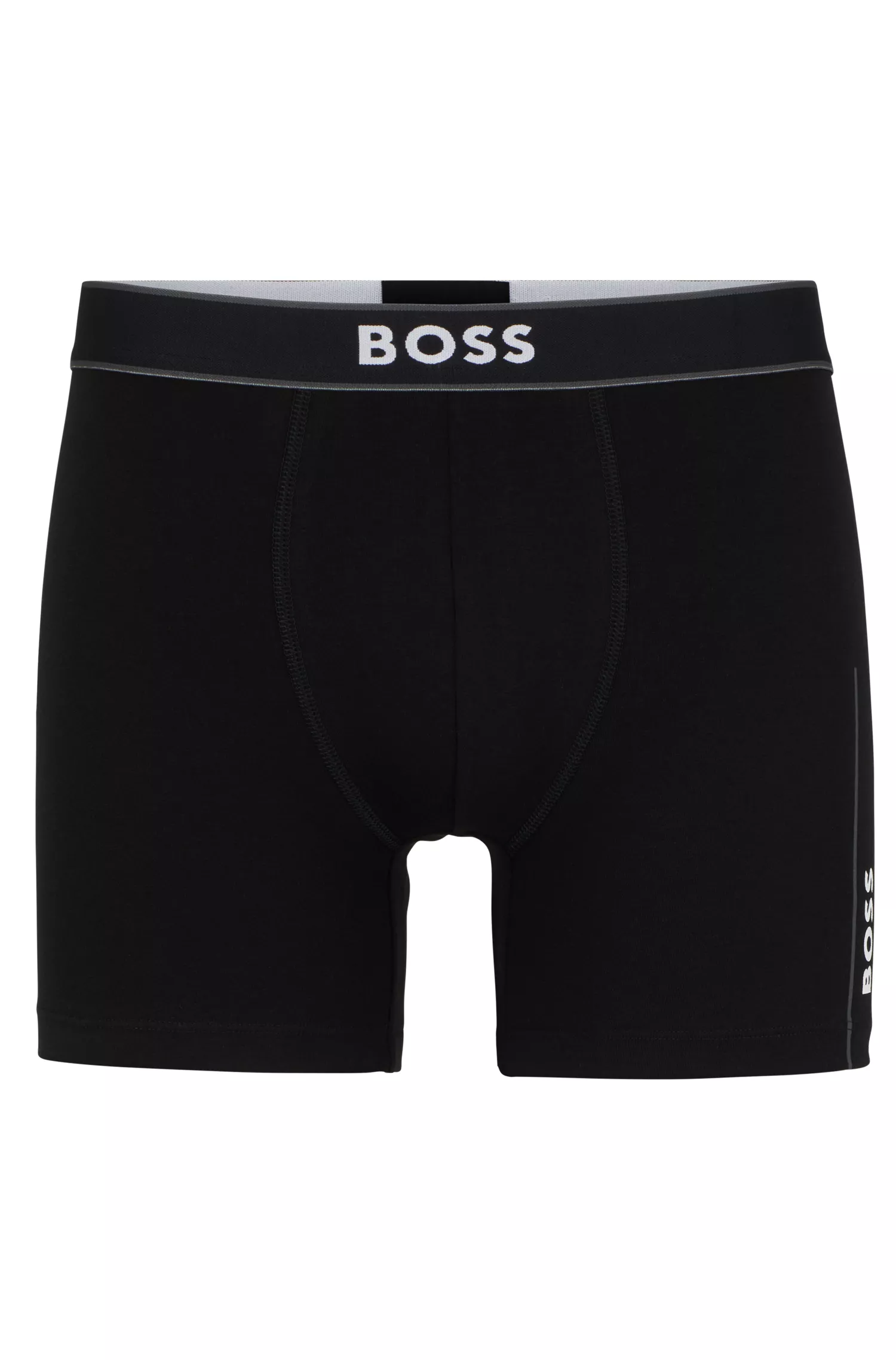 Cuecas boxer BOSS pretas em algodão elástico com listras e logotipos.