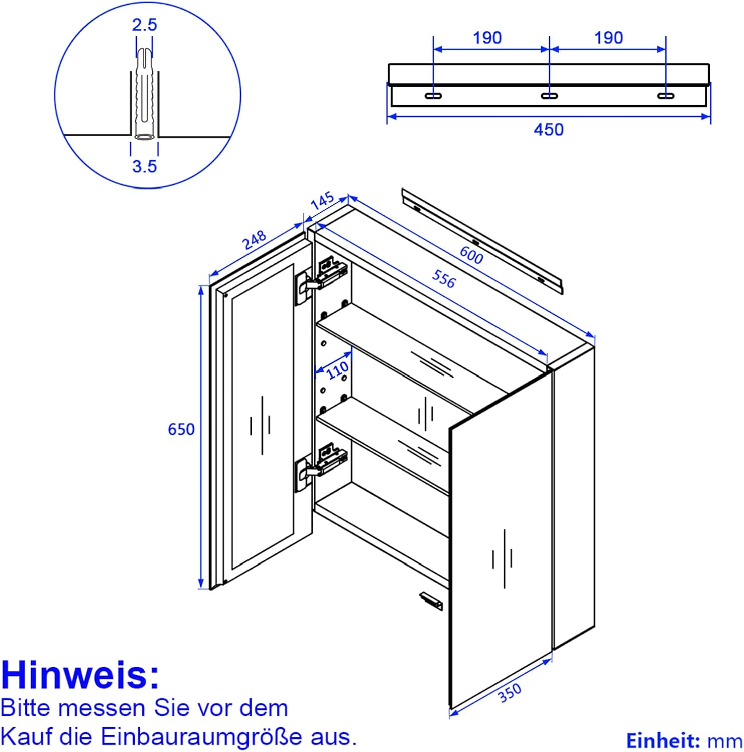 EMKE Spiegelschrank mit Innenspiegel, weißer Badezimmerspiegelschrank, 2-türig, Aluminium-Spiegelschränke Bad 60 x 65 x 14,5 cm, Bad-Spiegelschrank mit höhenverstellbarer Glasablage