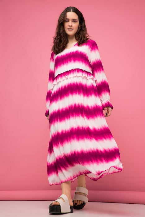 Maxikleid, A-Line, V-Ausschnitt, Rüsche, 3/4-Ärmel, BAtik