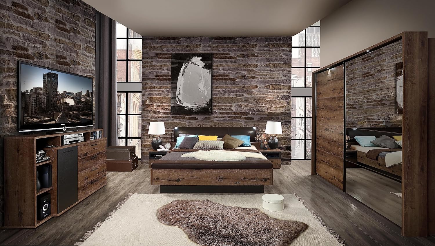 FORTE JACKY Bett, Liegefläche 140 x 200 cm, Holzwerkstoff, Script-Schlammeiche / Schwarzeiche, 146.2 x 87.7 x 209.6 cm