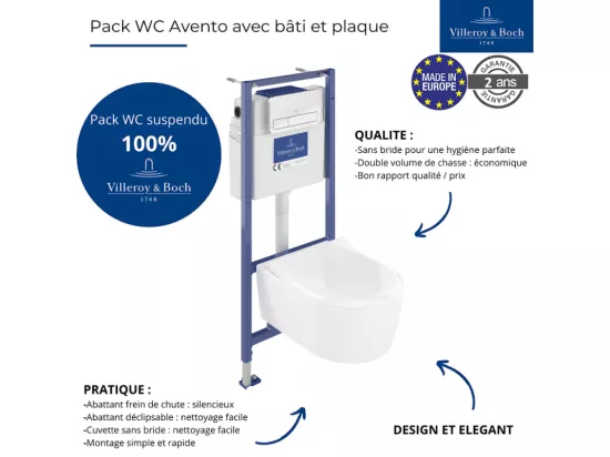 Pack WC suspendu sans bride VILLEROY ET BOCH Avento + Bâti support ViConnect Pro + abattant frein de chute + plaque chromée
