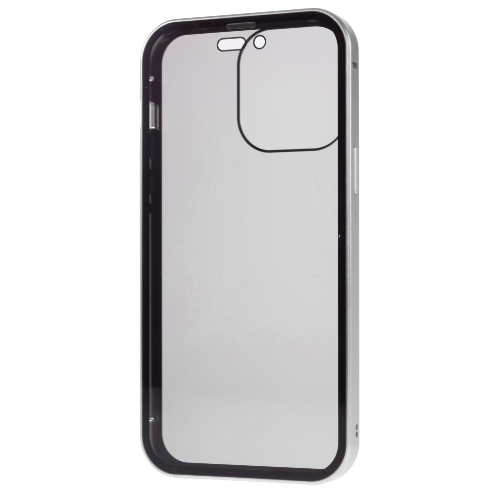 iPhone 14 Pro Max Magnetische Alu Schutzhülle mit Panzer Glas Backcover   Privacy Glas Displayschutz (Magnet-Technologie) - Silber
