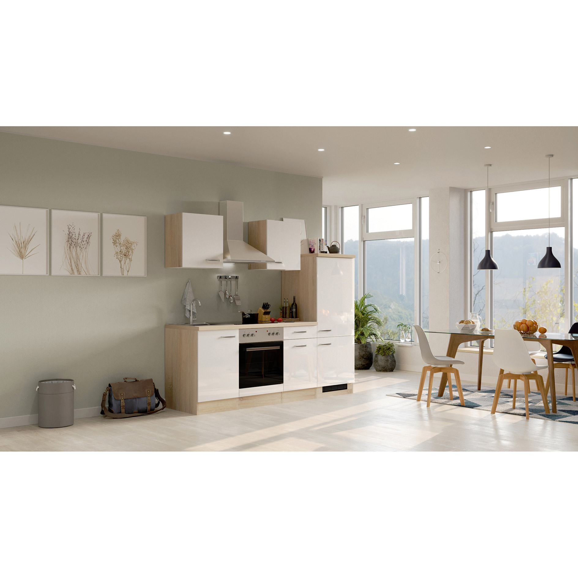Küchenblock VALERO - weiß Hochglanz - Sonoma Eiche - mit E-Geräten - 220 cm
