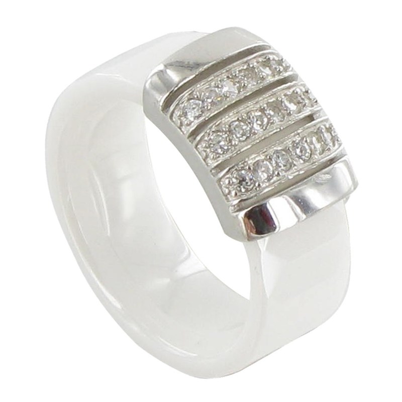 Bague Céramique Blanche Barrette Argent et Strass