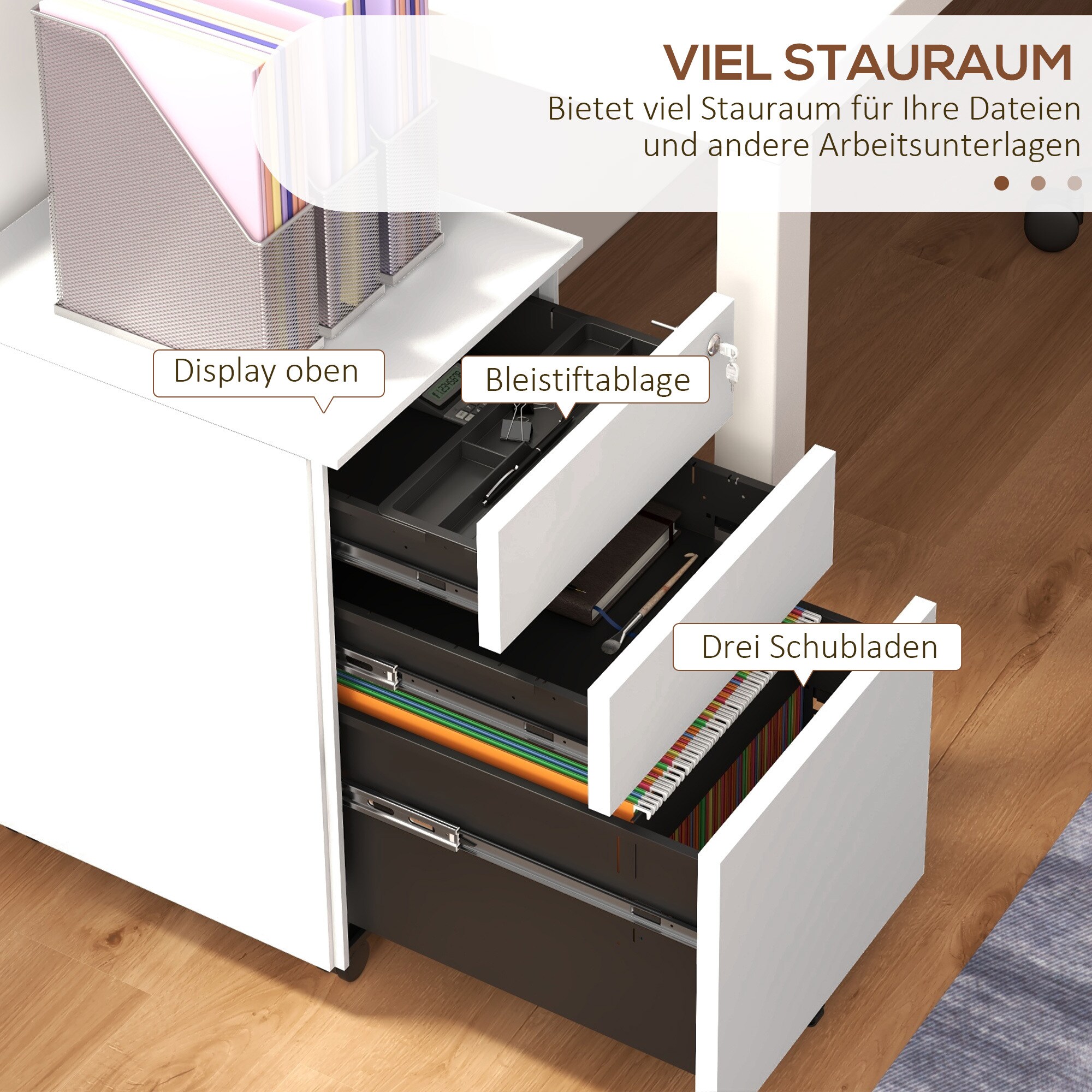 Vinsetto Rollcontainer mit 3 verschließbaren Schubladen weiß 37L x 43,5B x 60H cm