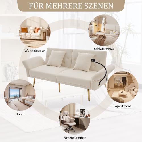 Klappsofa Beige 2-Sitzer mit USB-Anschluss & Seitentasche | Multifunktionales Chenille Sofa für Wohnzimmer, Studenten & Apartment | Schlafsofa mit Verstellbarer Rückenlehne