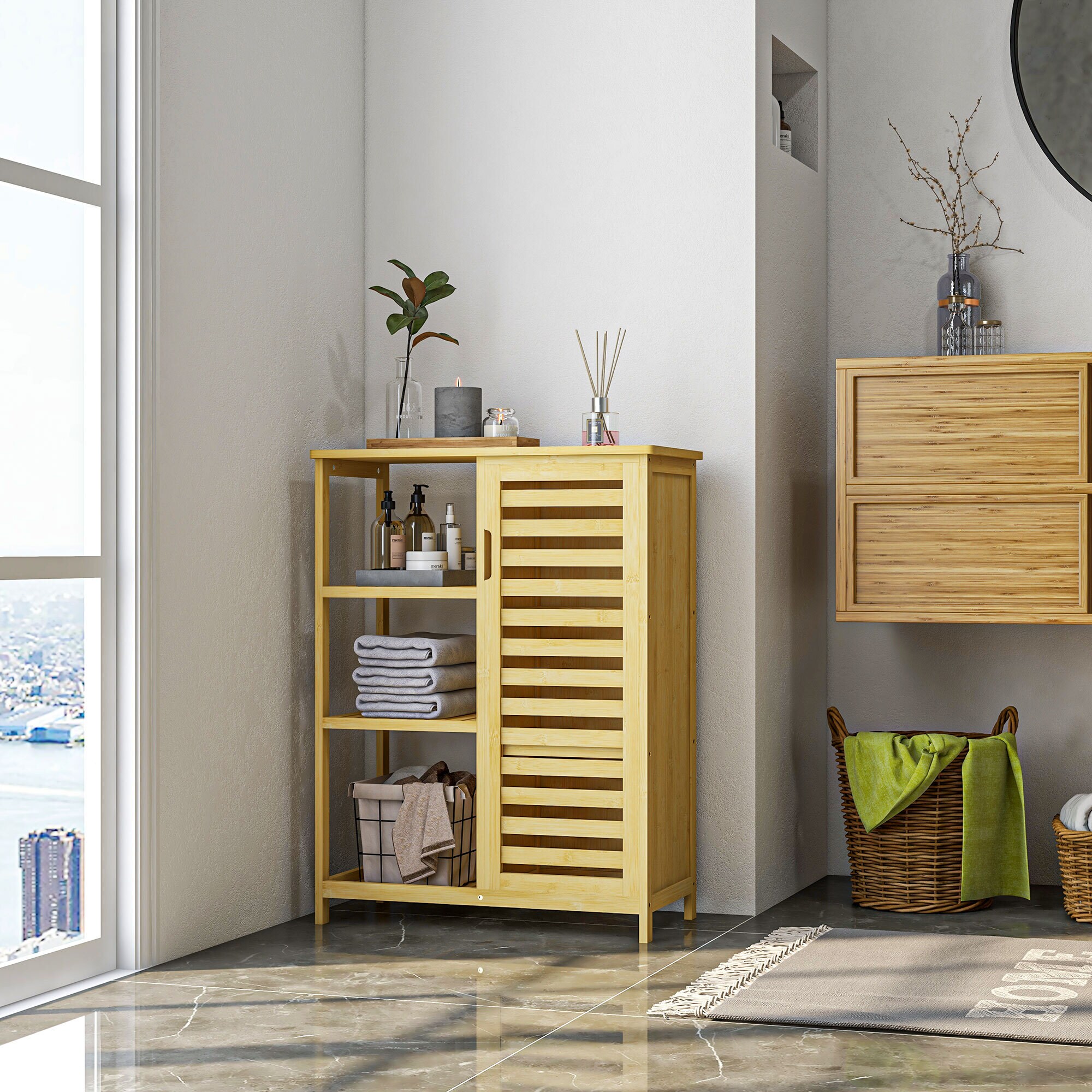 kleankin Badezimmerschrank mit offenem Regal und Kippschutz natur 66L x 33B x 87H cm