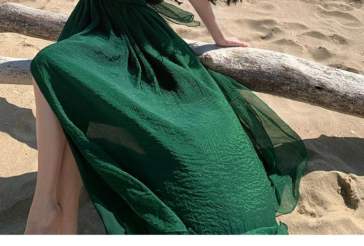 Moanum - Halter V-hals Effen Maxi A-lijn Jurk met Open Rug en Split