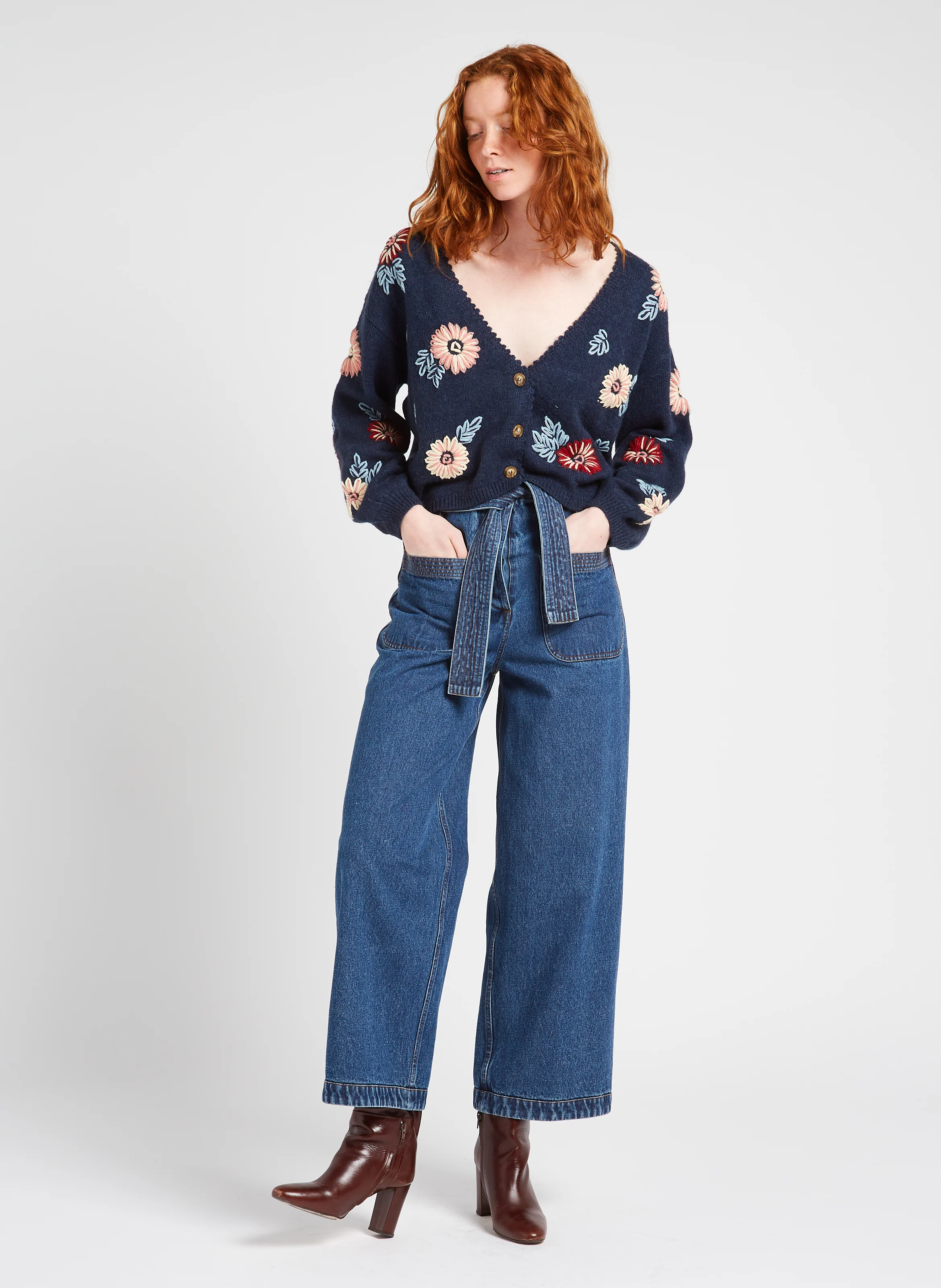 LUMIA - Cardigan col Và motif floral | Bleu