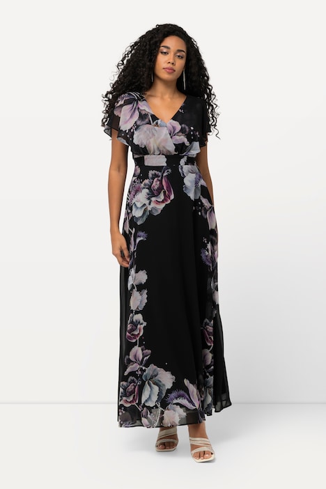 Maxikleid, Chiffon, Blüten, A-Linie, V-Ausschnitt, Ärmel-Volant