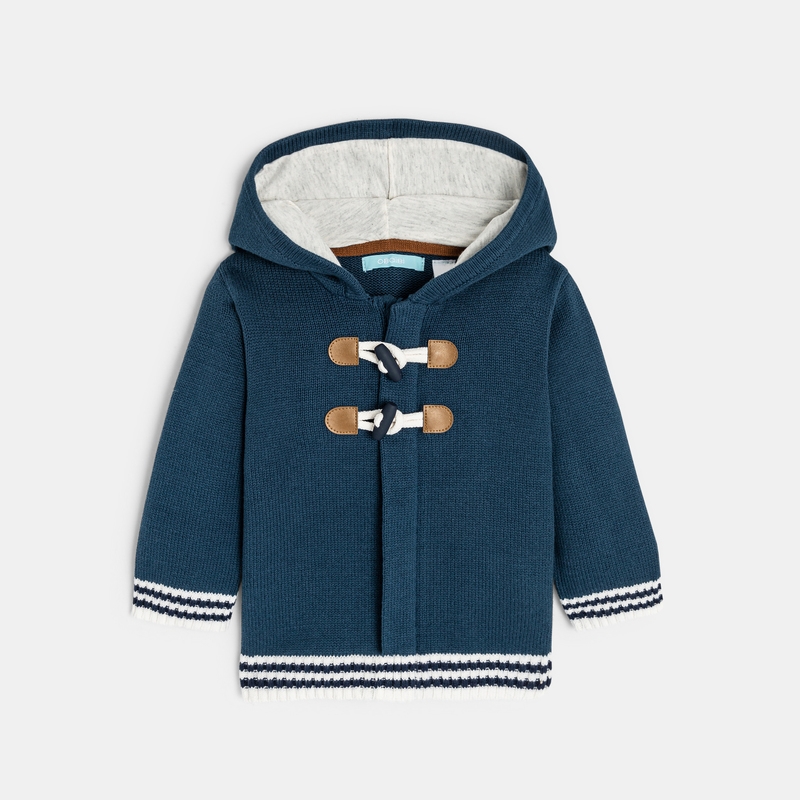 Gilet maille tricot zippé à capuche bleu bébé garçon