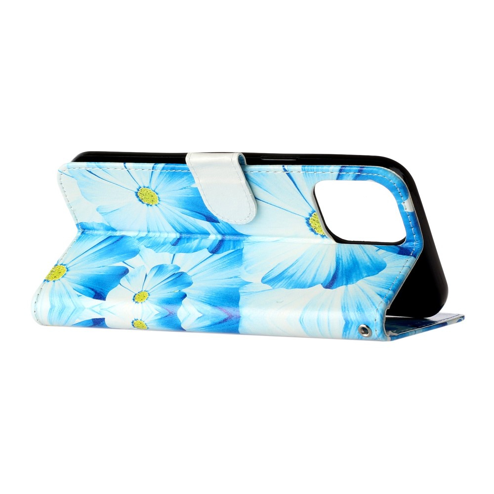iPhone 13 Pro Leder Tasche Flip Cover Blumen - Blau / Weiss