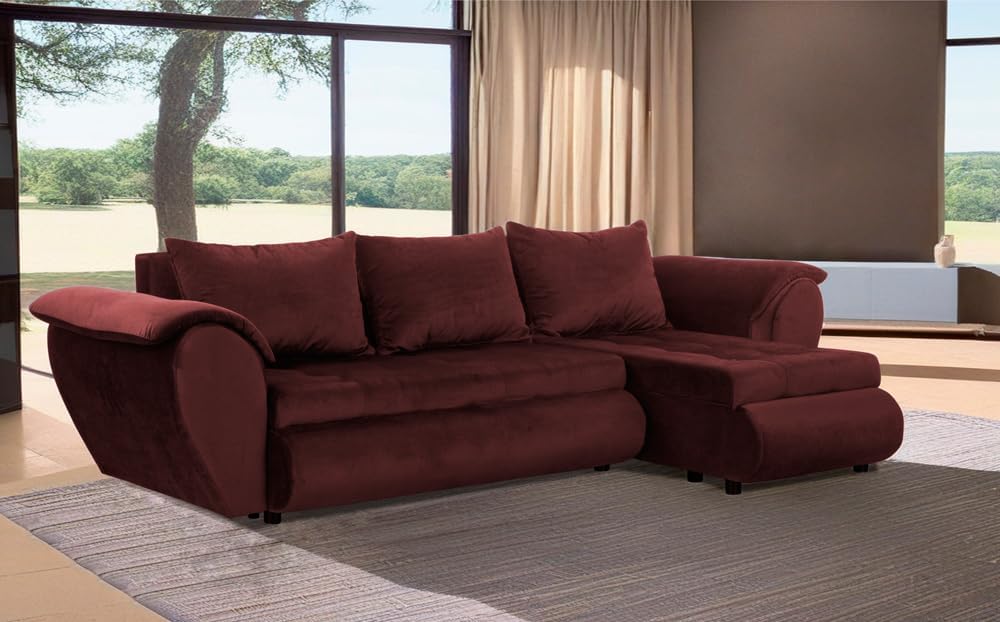 Santana Ecksofa mit Schlaffunktion und Bettkasten - Sofa mit 3 Sitzen und Robustem Überzug - Schlafcouch L-Form Universal - Modern Couch - 265x143x83 cm (Stoff Basic, Rotwein)