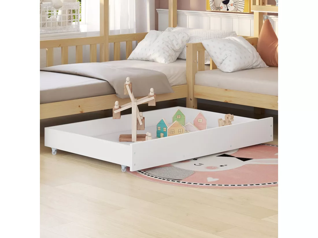Lit d'enfant Lit de maison avec tiroirs et étagères, en bois massif avec clôture et sommier à lattes, structure en L, naturel (90x200 cm+140x70cm)