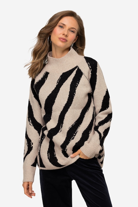 Pullover, Wellen Muster, Wollanteil, Stehkragen, Langarm