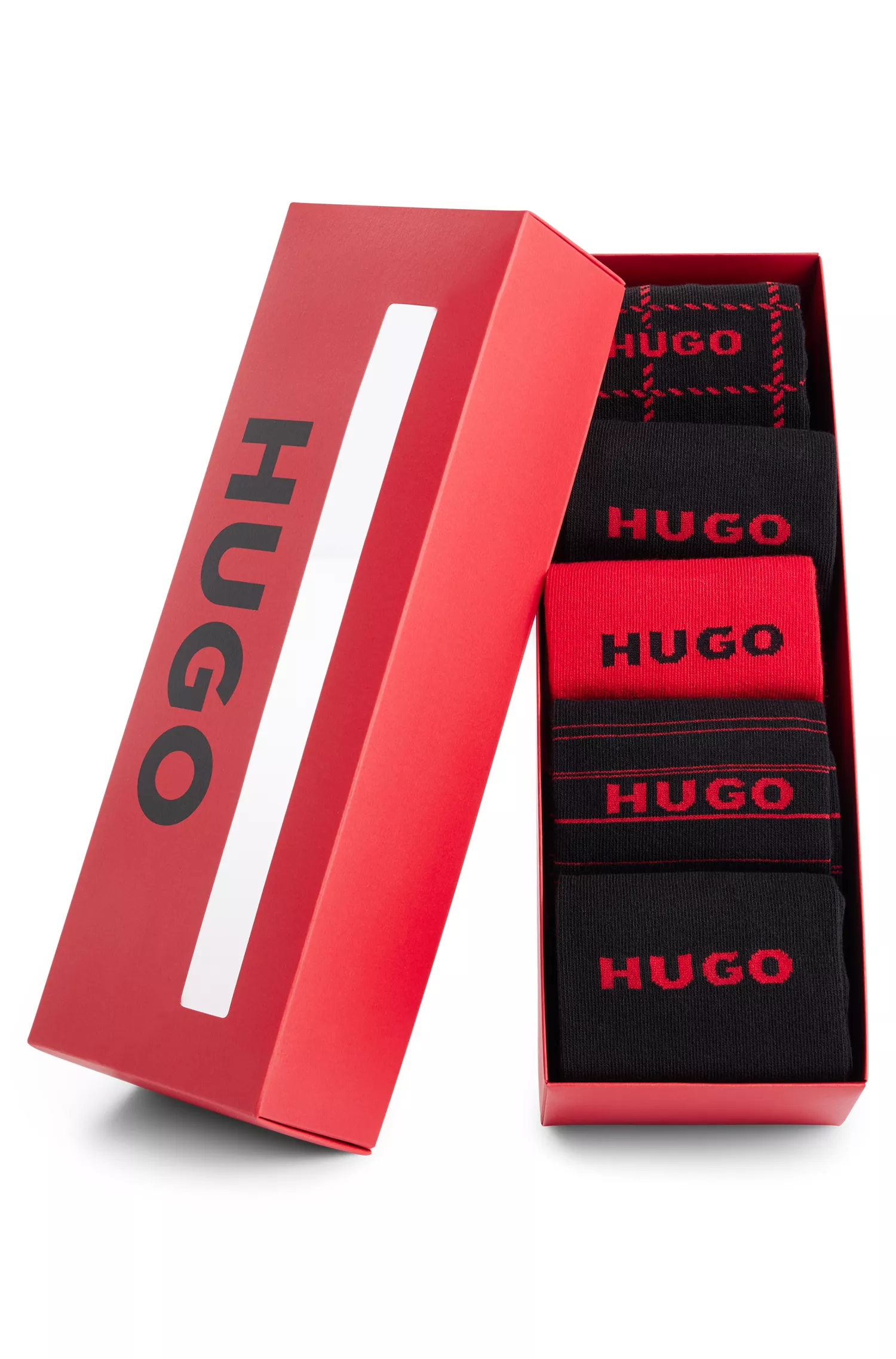 HUGO Vermelho - Pacote com cinco pares de meias de comprimento normal com logotipos.