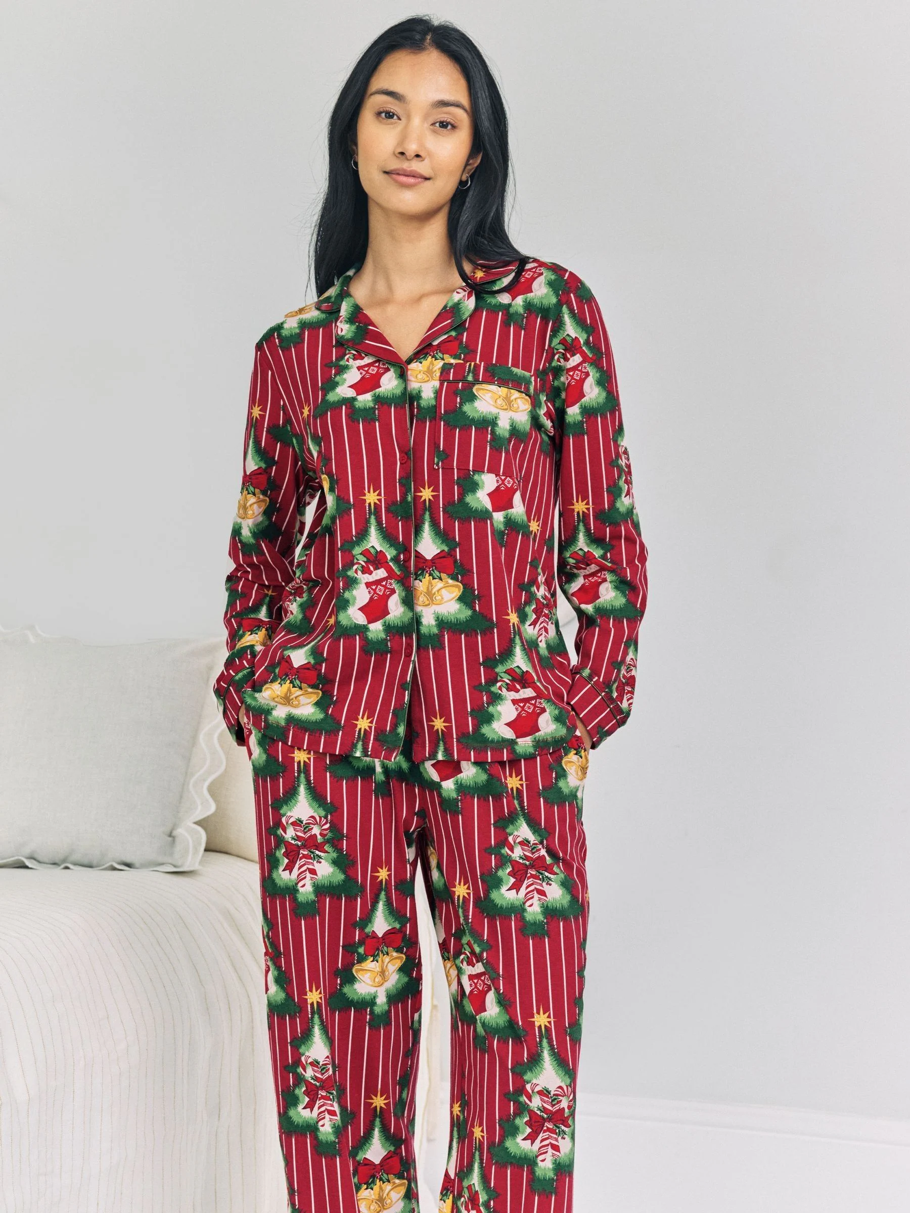 Chelsea Peers Cotton Christmas Tree Stripe Long Pyjamas Set